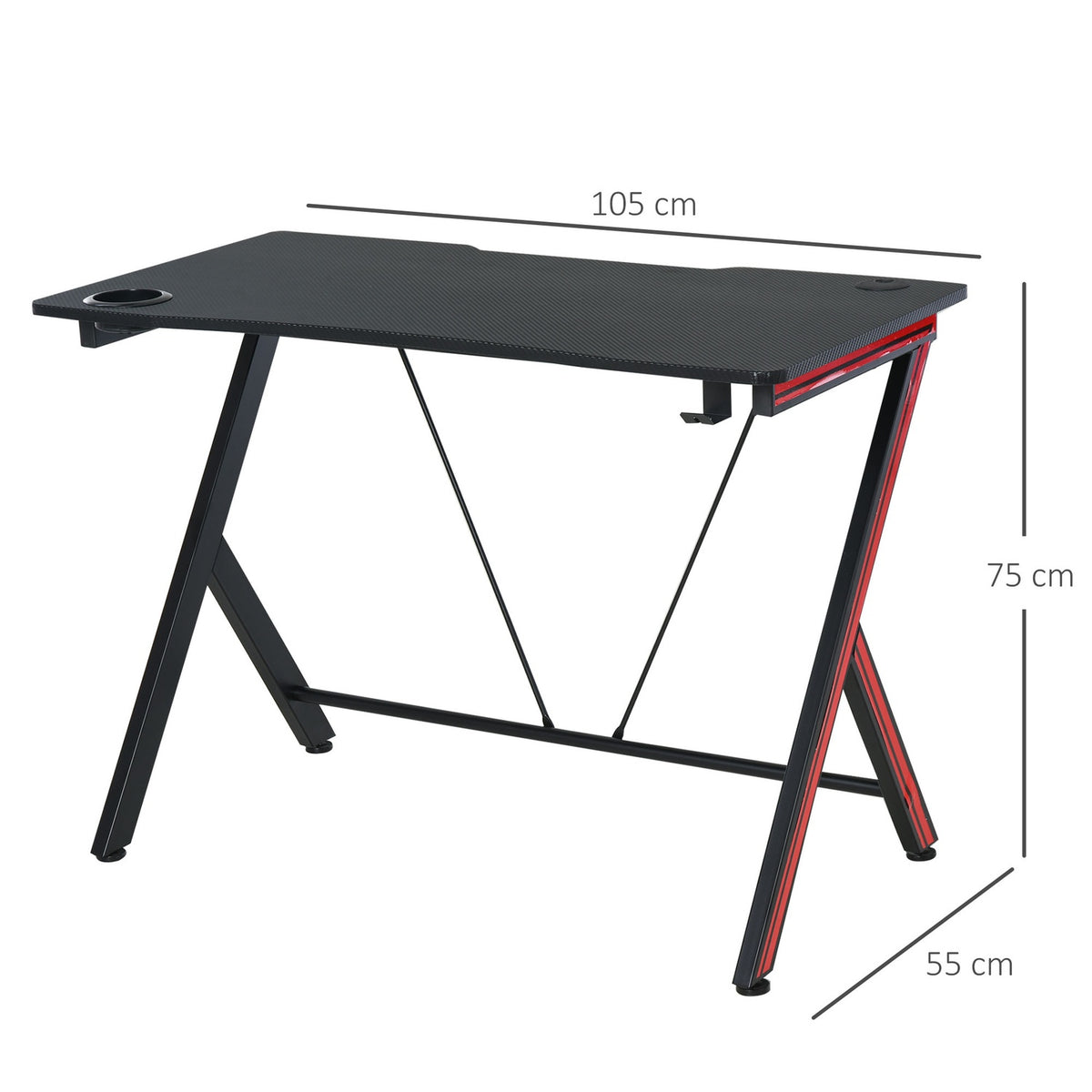 Gaming Table Desk With Headphone Hook And Cup Holder, Steel + Mdf, Black, 105X55X75Cm