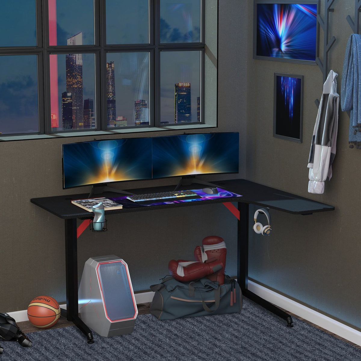 Gaming Table Pc Table Desk With Headphone Hook & Cup Holder, Metal Mdf, Black+Red, 157X111.8X74Cm