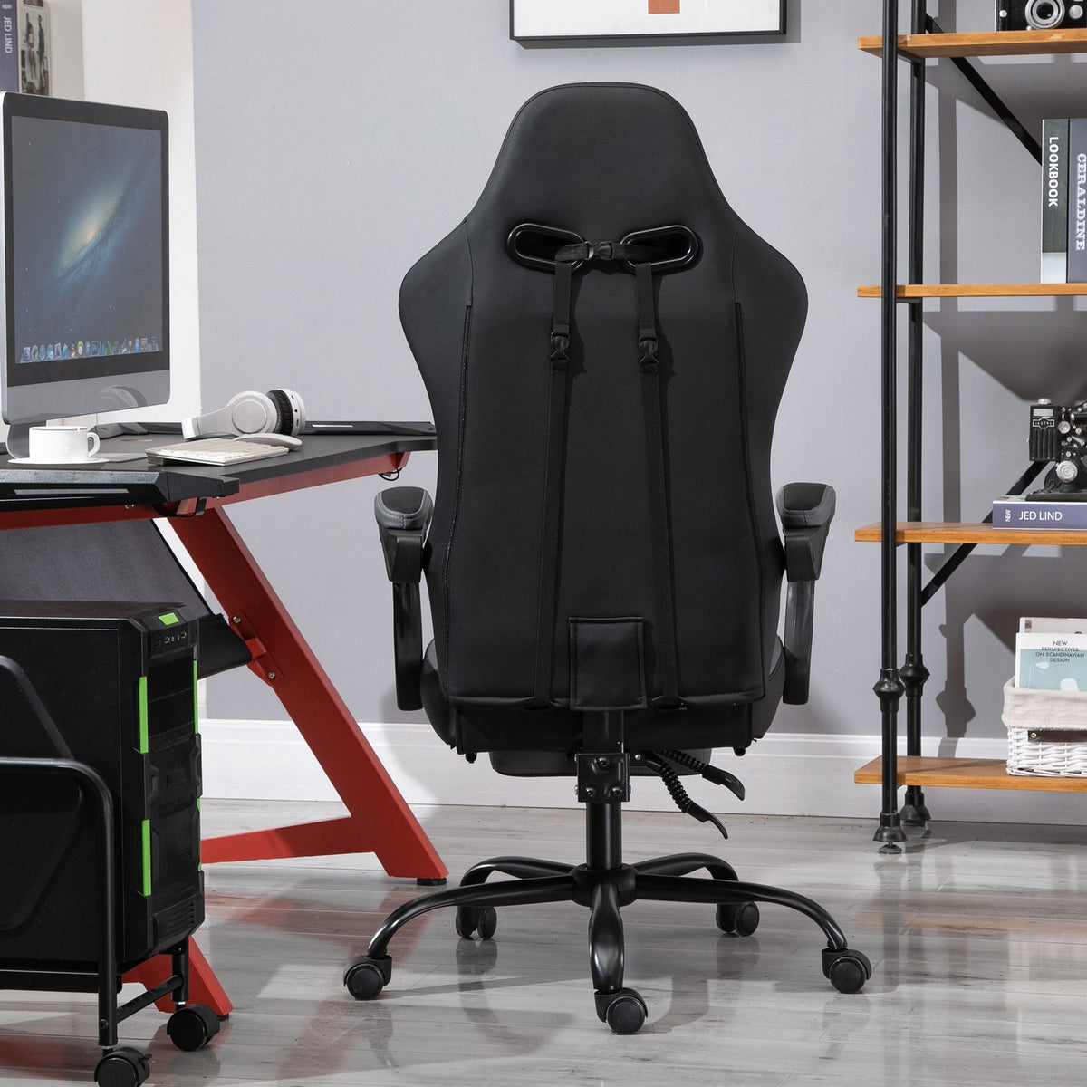 Gaming chair, height adjustable including headrest, adjustable lumbar cushion with footrests, ergonomic, up to 120 kg, black