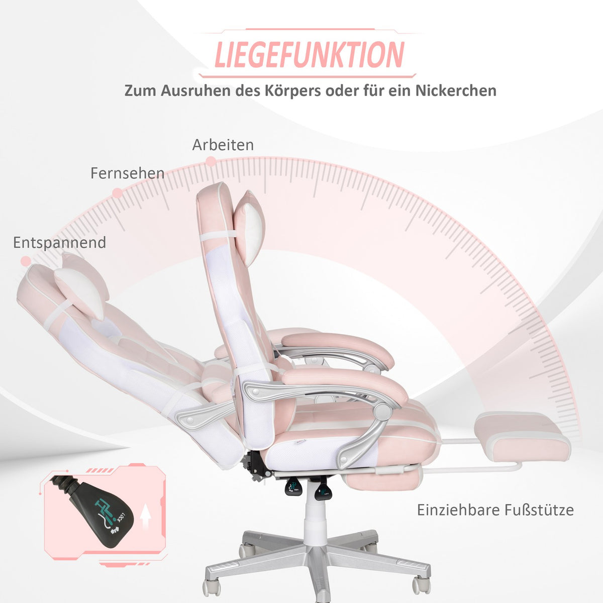 Gaming chair with footrest, height-adjustable desk chair with head and lumbar cushion, rotating gaming chair with tilting backrest, faux leather, up to 120 kg, pink