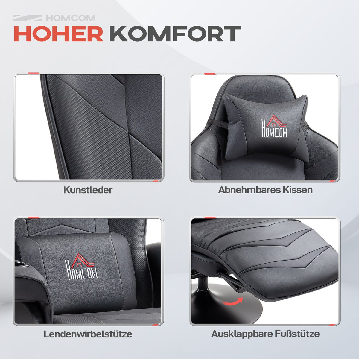 Gaming chair with massage, 360° rotatable, 6 massage points, footrest, removable headrest, artificial leather, 79.5 x 82.5 x 111.5cm, black