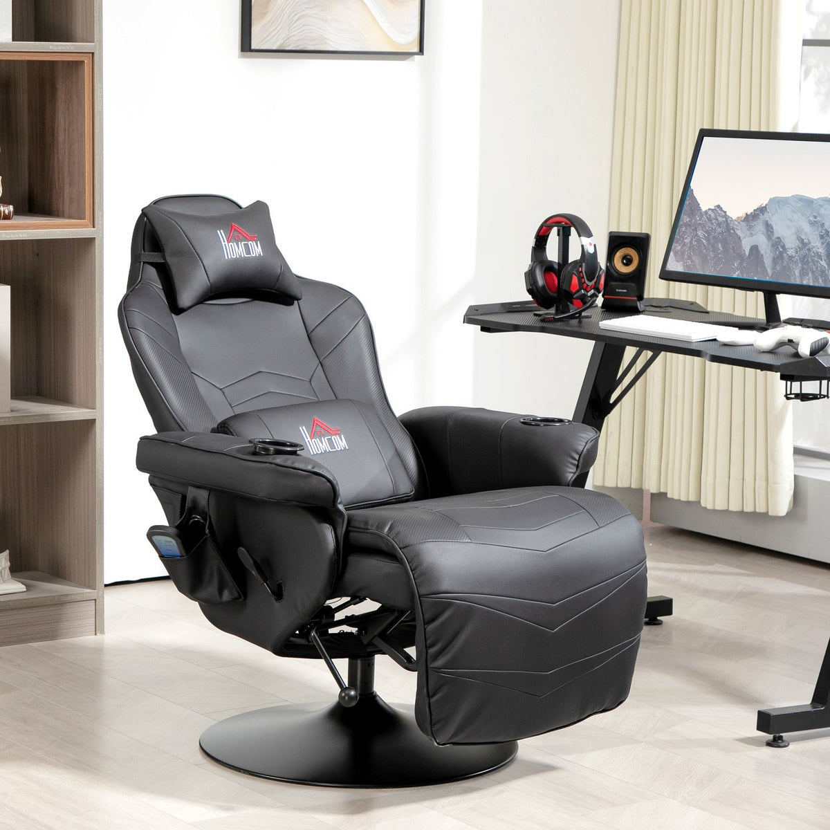 Gaming chair with massage, 360° rotatable, 6 massage points, footrest, removable headrest, artificial leather, 79.5 x 82.5 x 111.5cm, black