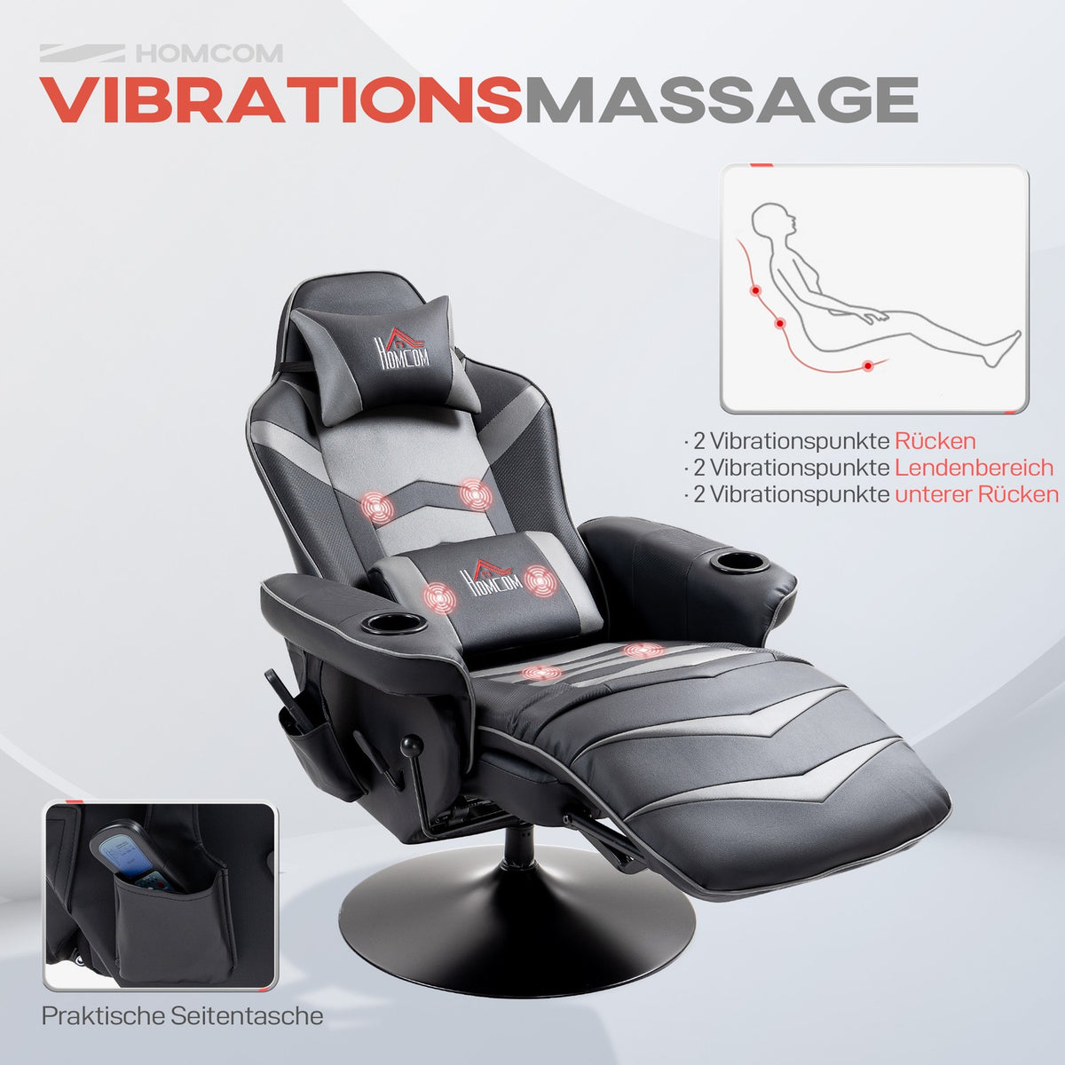 Gaming chair with massage, 360° rotation, 6 massage points, footrest, removable headrest, artificial leather, 79.5 x 82.5 x 111.5 cm, greyAoso
