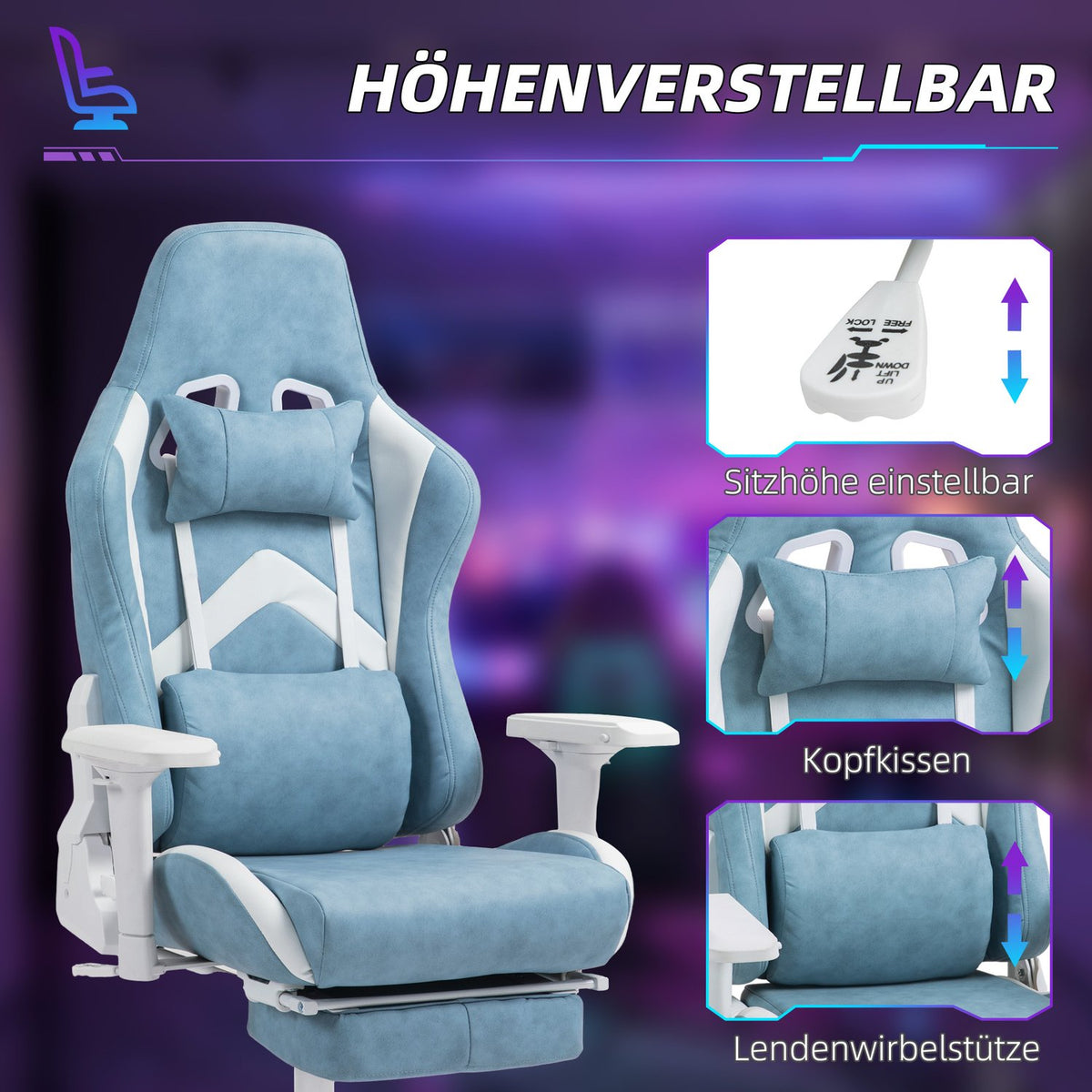 Gaming chair with reclining function, height-adjustable desk chair with head and lumbar cushions, ergonomic gaming chair with extendable footrest, artificial leather, up to 120 kg, blue