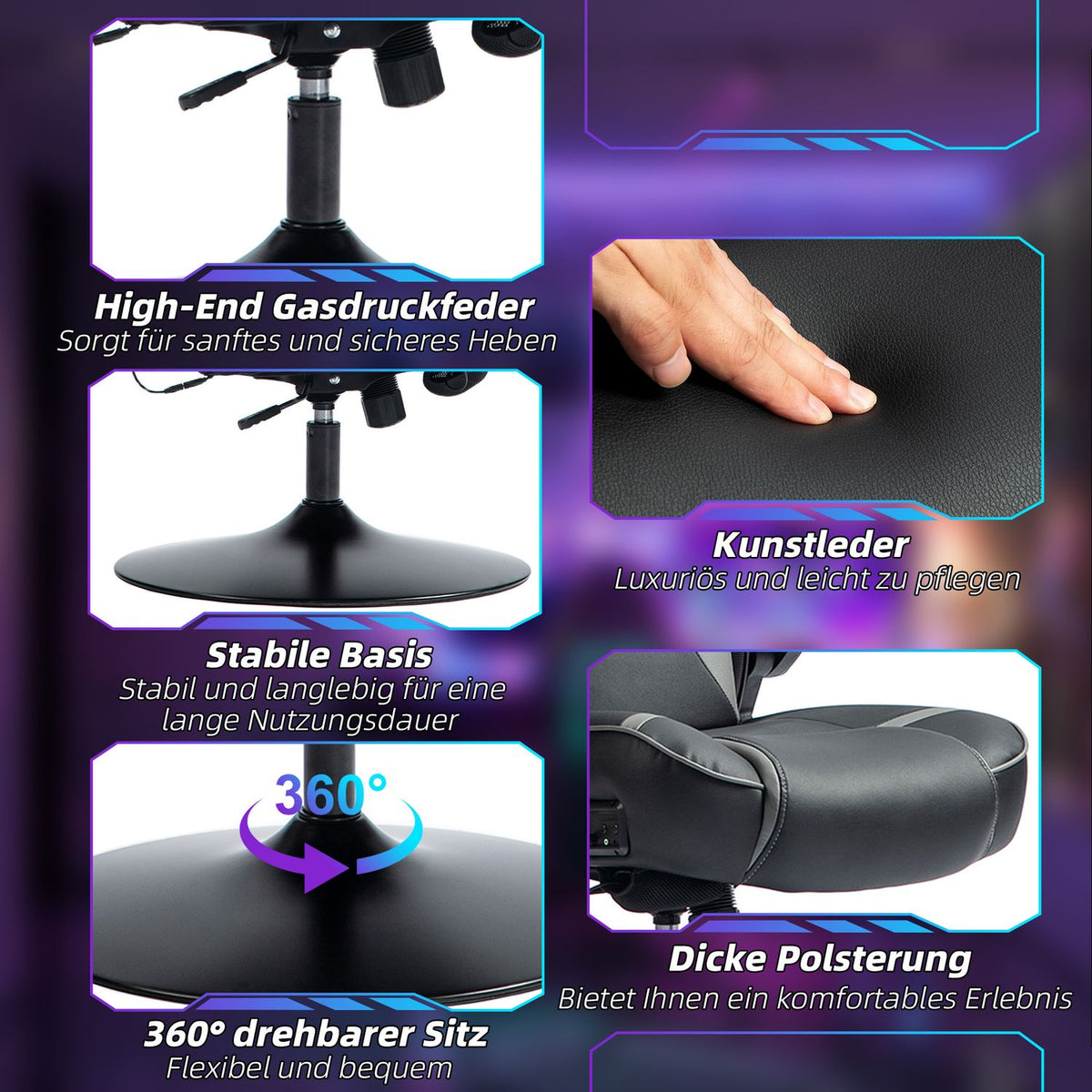 Gaming chair with rocker and leg function, ergonomic computer chair, height-adjustable, rotating desk chair with speaker, load capacity up to 120 kg, black + gray