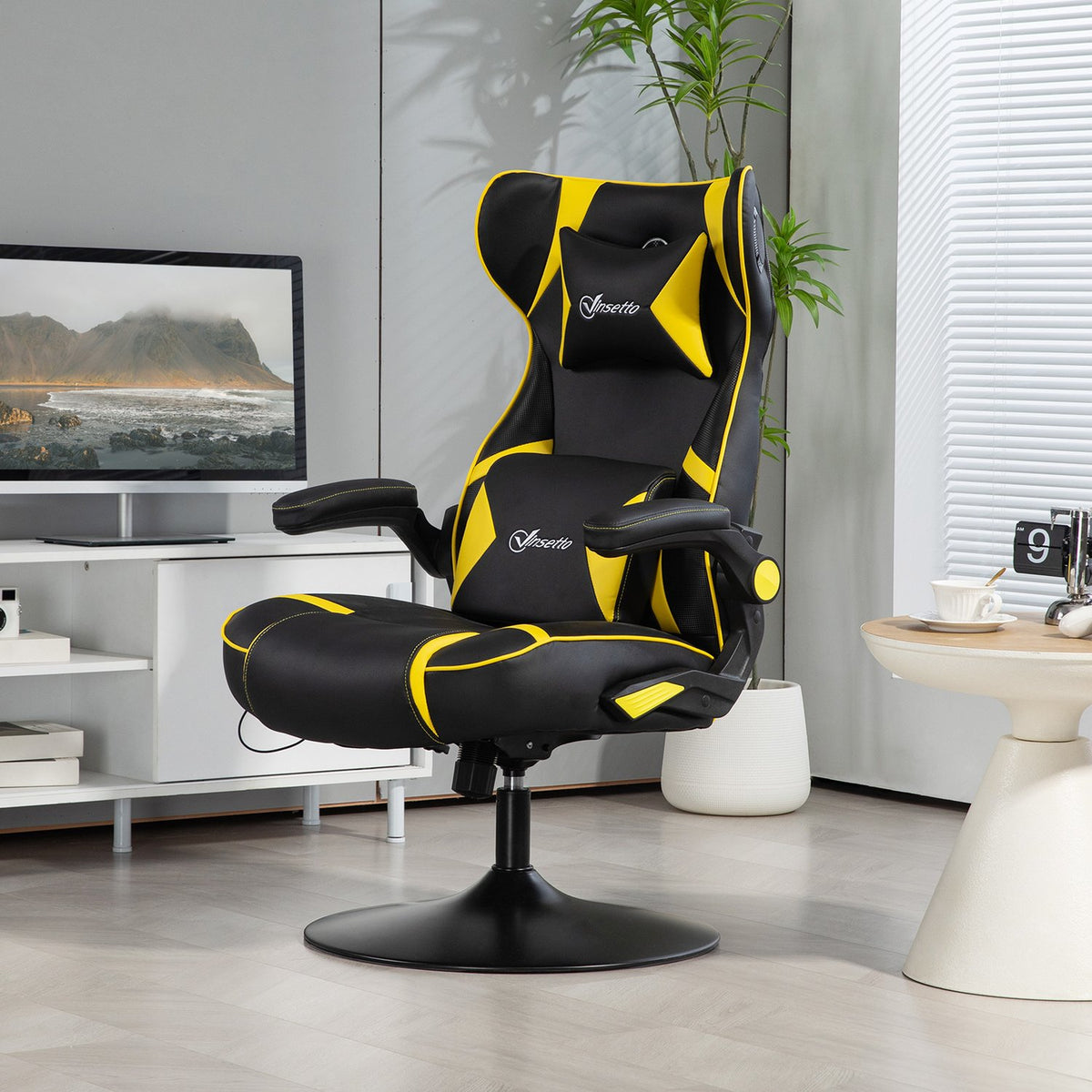 Gaming chair with rocker and leg function, ergonomic computer chair, height-adjustable, rotating desk chair with speaker, load capacity up to 120 kg, black + yellow