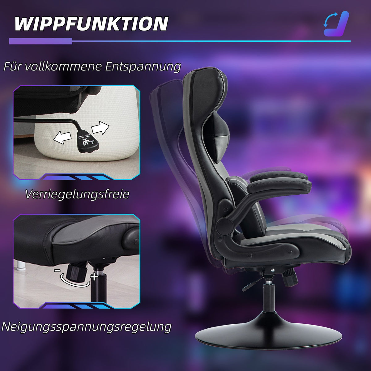 Gaming chair with rocker function, ergonomic computer chair, height-adjustable office chair, rotating desk chair with head and lumbar cushion, load capacity up to 120 kg, black + gray