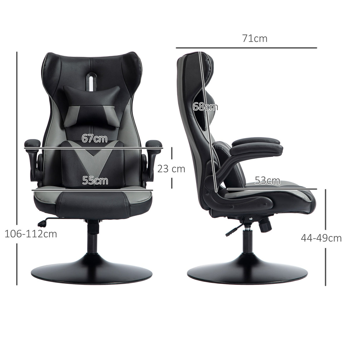 Gaming chair with rocker function, ergonomic computer chair, height-adjustable office chair, rotating desk chair with head and lumbar cushion, load capacity up to 120 kg, black + gray