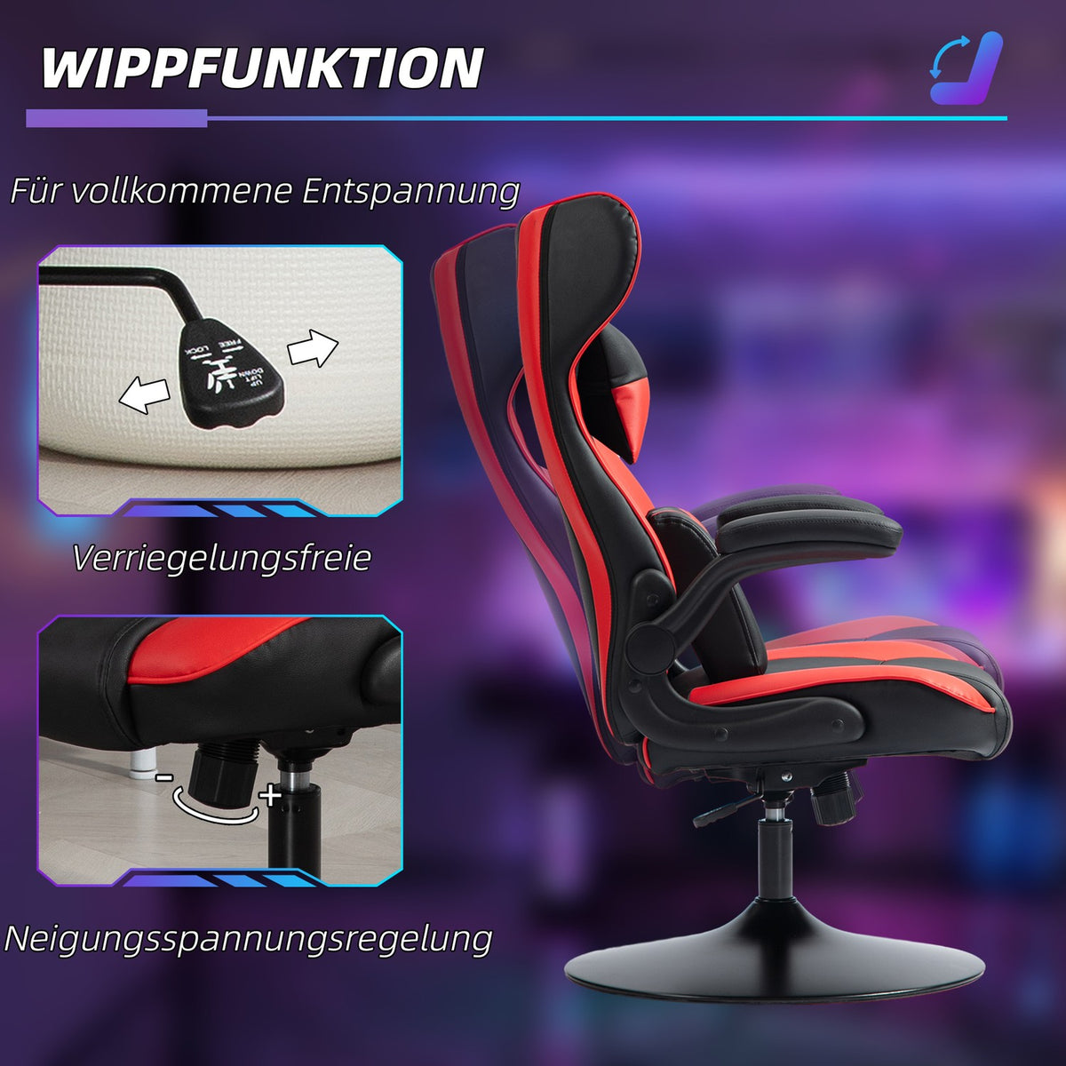 Gaming chair with rocker function, ergonomic computer chair, height-adjustable office chair, rotating desk chair with head and lumbar cushion, load capacity up to 120 kg, black + red