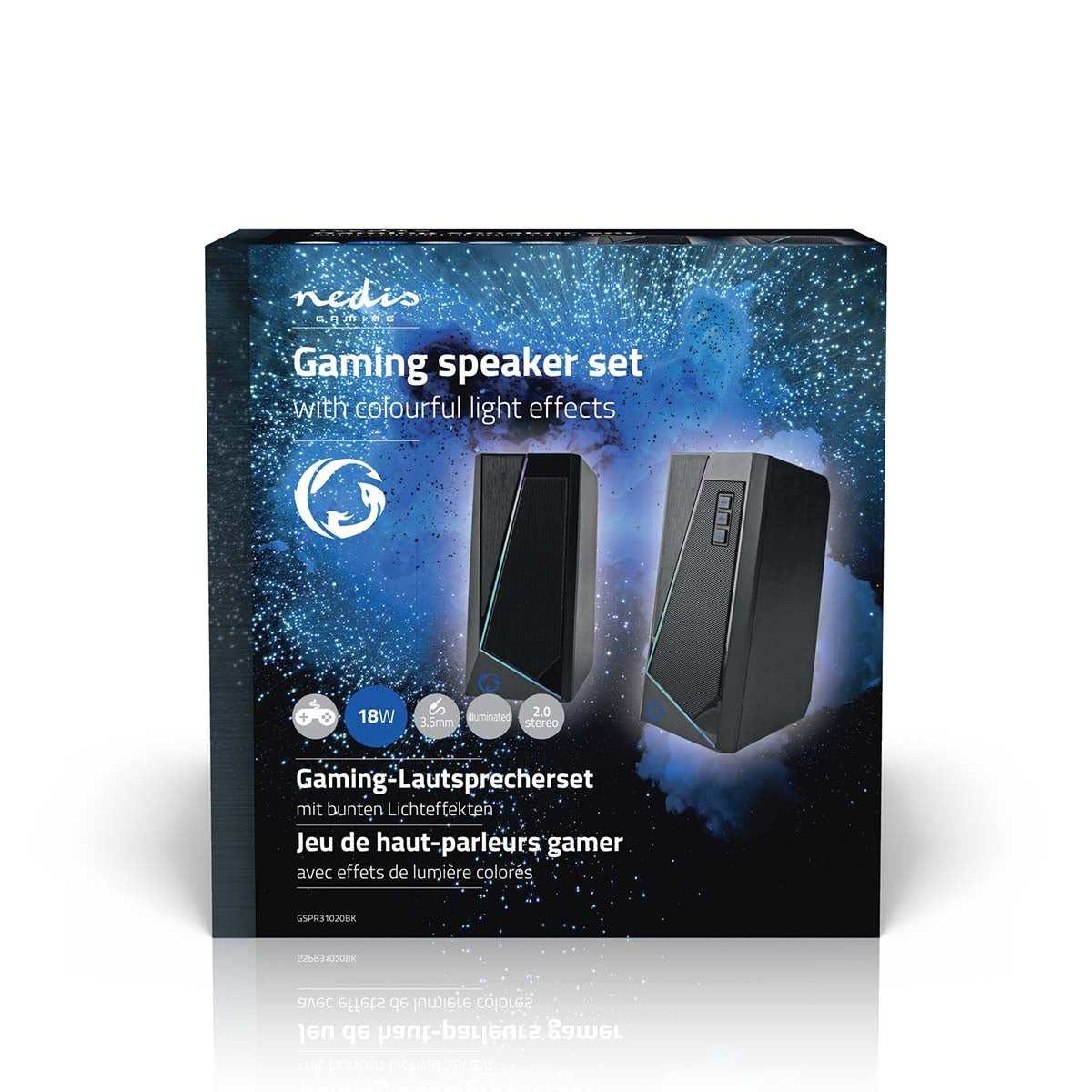 Gaming speakers | Speaker channels: 2.0 | USB Power | 3.5 mm Male | 18 W| LEDs | Volume control