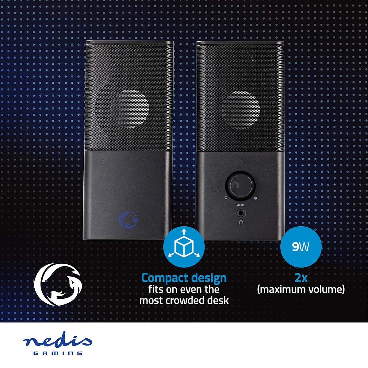 Gaming speakers | Speaker channels: 2.0 | USB Power | 3.5 mm Male | 18 W| Without Lighting | Volume Control | Connection output: 1x 3.5 mm audio output
