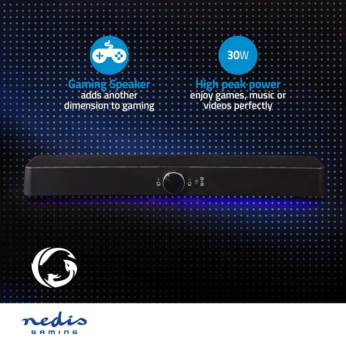 Gaming speakers | Speaker channels: 2.0 | USB Power | 3.5 mm Male | 30 W| LEDs | Volume Control | Connection output: 1x 3.5 mm