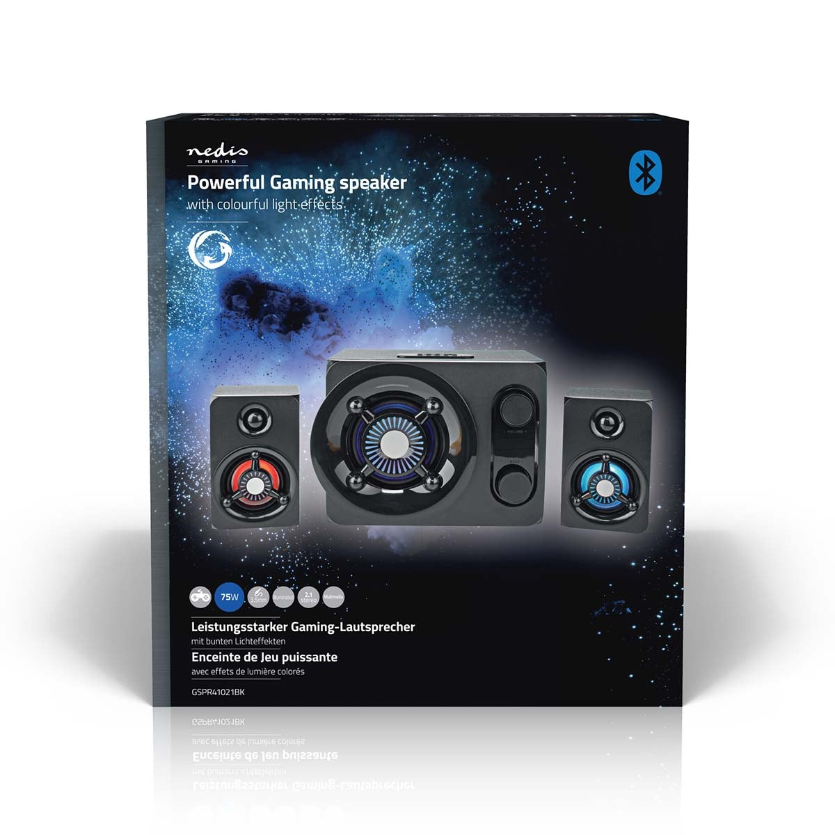 Gaming speakers | Speaker channels: 2.1 | Power adapter | 3.5 mm Male | 75 W| LEDs | Volume control