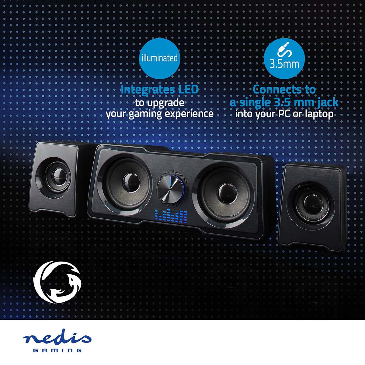 Gaming speakers | Speaker channels: 2.2 | USB Power | 3.5 mm Male | 48 W| LEDs | Volume control