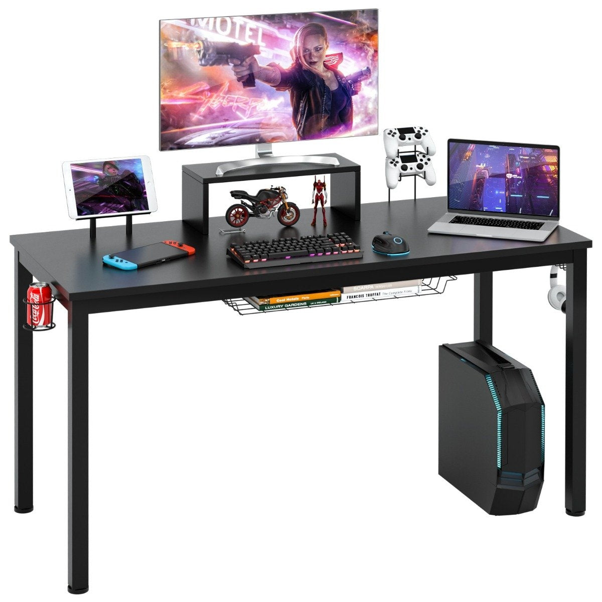 Gaming table 140 cm gaming desk with monitor shelf 155 x 60 x 94 cm black