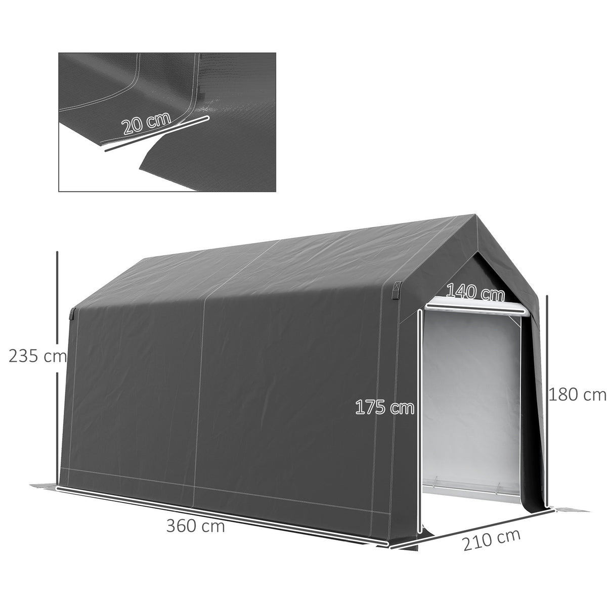 Garage Tent, 2.1 x 3.6 x 2.35 m Storage Tent with UV Protection, Zip Door, Water-Repellent Foil Garage for Motorcycle, Garden Tools, Dark Gray