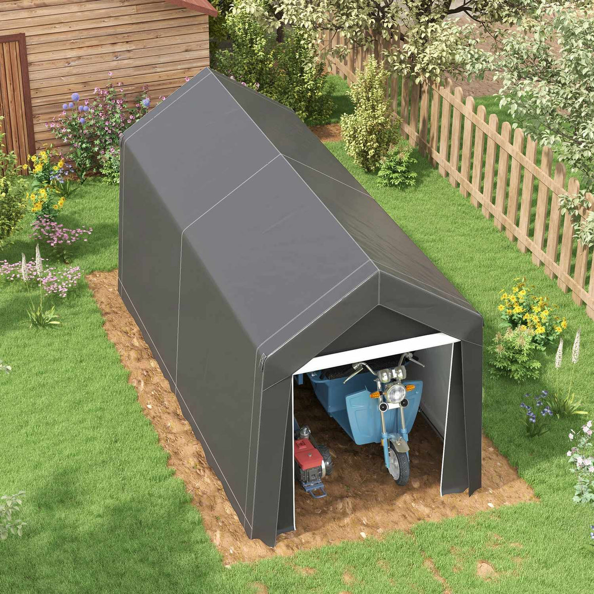 Garage Tent, 2.1 x 3.6 x 2.35 m Storage Tent with UV Protection, Zip Door, Water-Repellent Foil Garage for Motorcycle, Garden Tools, Dark Gray