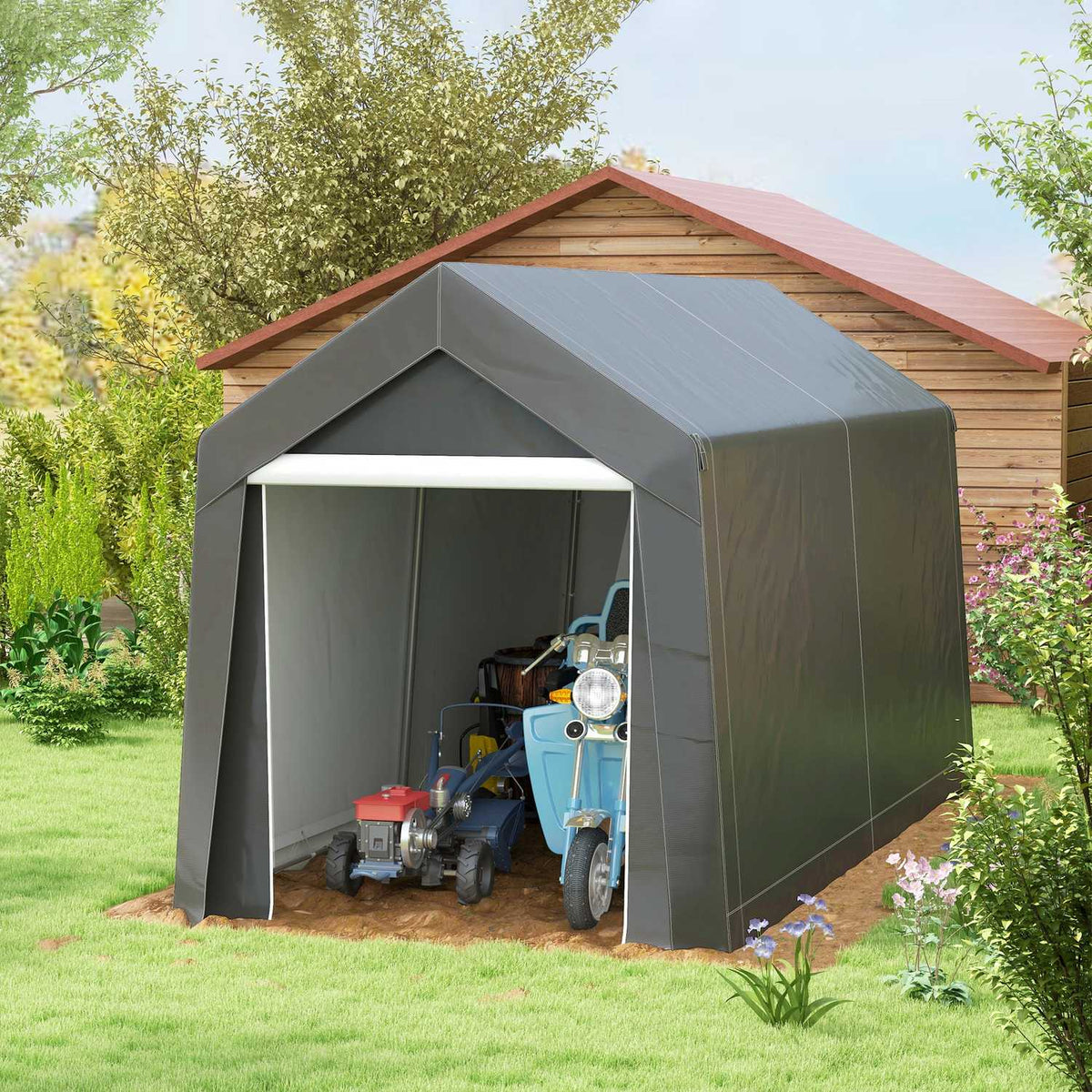 Garage Tent, 2.1 x 3.6 x 2.35 m Storage Tent with UV Protection, Zip Door, Water-Repellent Foil Garage for Motorcycle, Garden Tools, Dark Gray