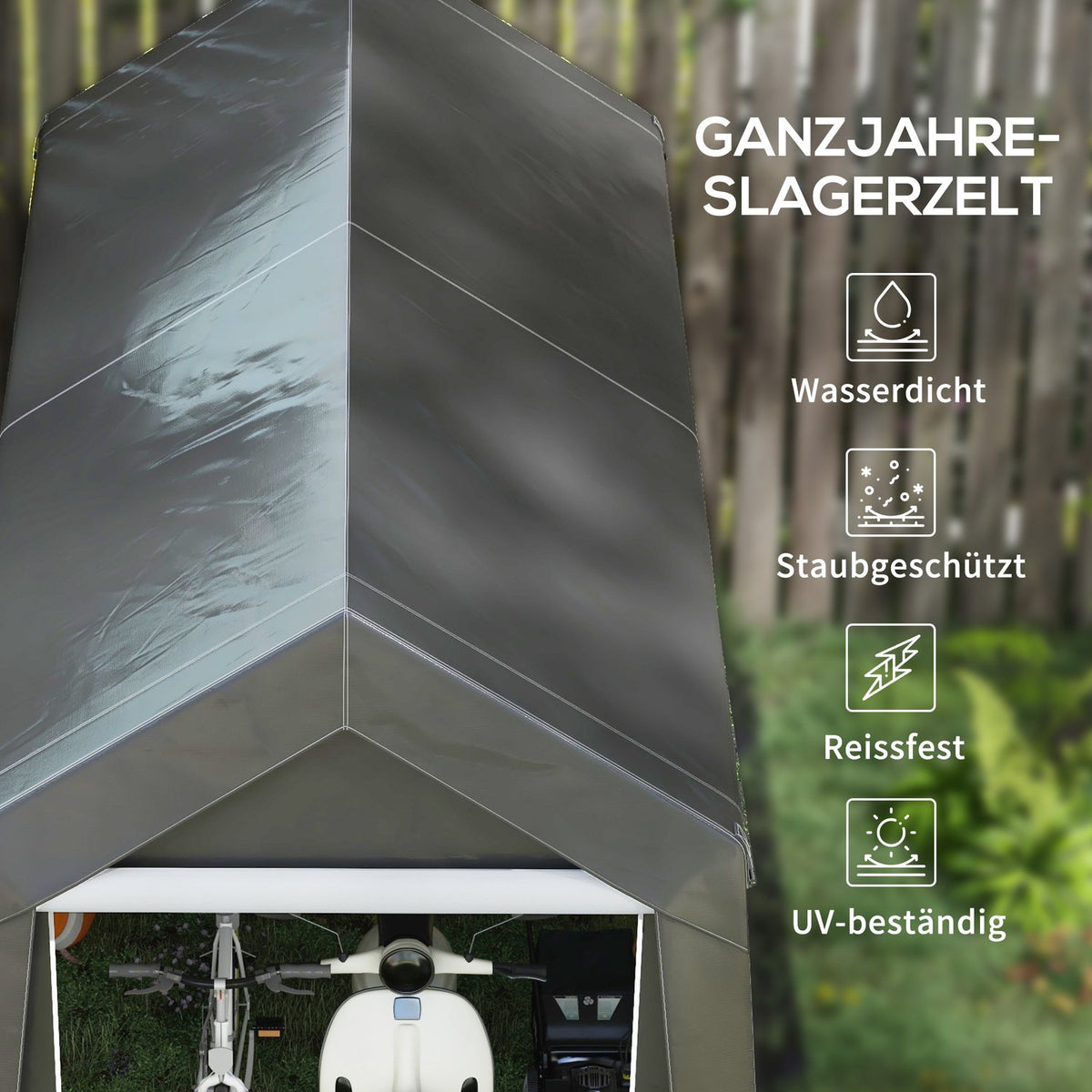 Garage Tent, 2.1 x 3.6 x 2.35 m Storage Tent with UV Protection, Zip Door, Water-Repellent Foil Garage for Motorcycle, Garden Tools, Dark Gray