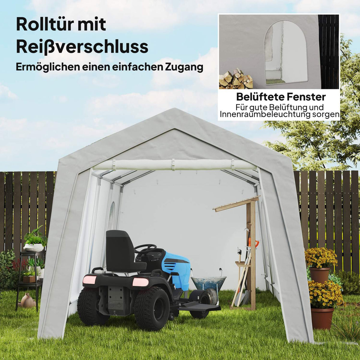 Garage Tent, Waterproof Tent Garage with Doors, Windows, Anti-Dust Bicycle Cover, Tool Shed, Tool Tent Shed for Outdoor, Patio, Garden, Approx. 300 x 600 x 250 cm, Light Gray