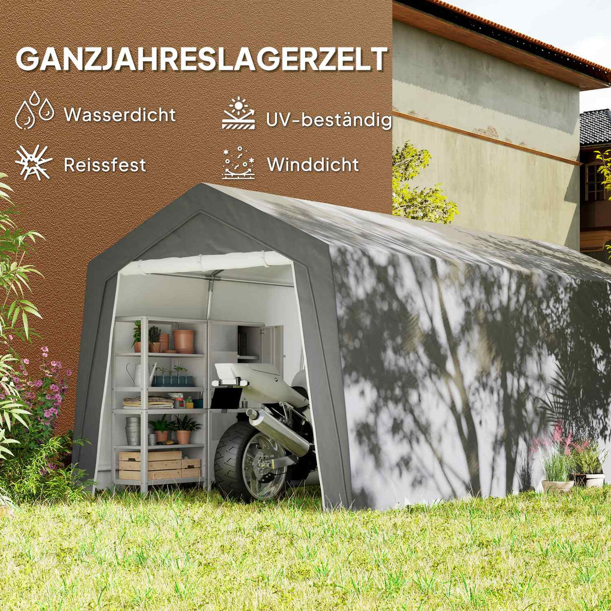 Garage Tent, Waterproof Tent Garage with Doors, Windows, Anti-Dust Bicycle Cover, Tool Shed, Tool Tent Shed for Outdoor, Patio, Garden, Approx. 300 x 600 x 250 cm, Light Gray