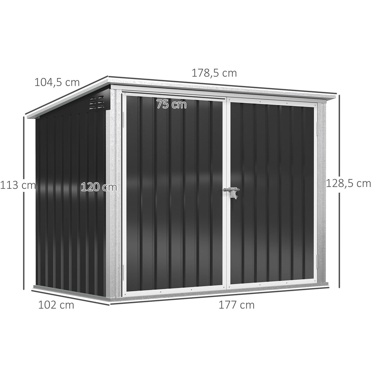Garbage Can Box, Garbage Box, Storer, Lockable Equipment Box For 2 Garbage Cans, Steel, 178.5 X 104.5 X 128.5/113 Cm, Black