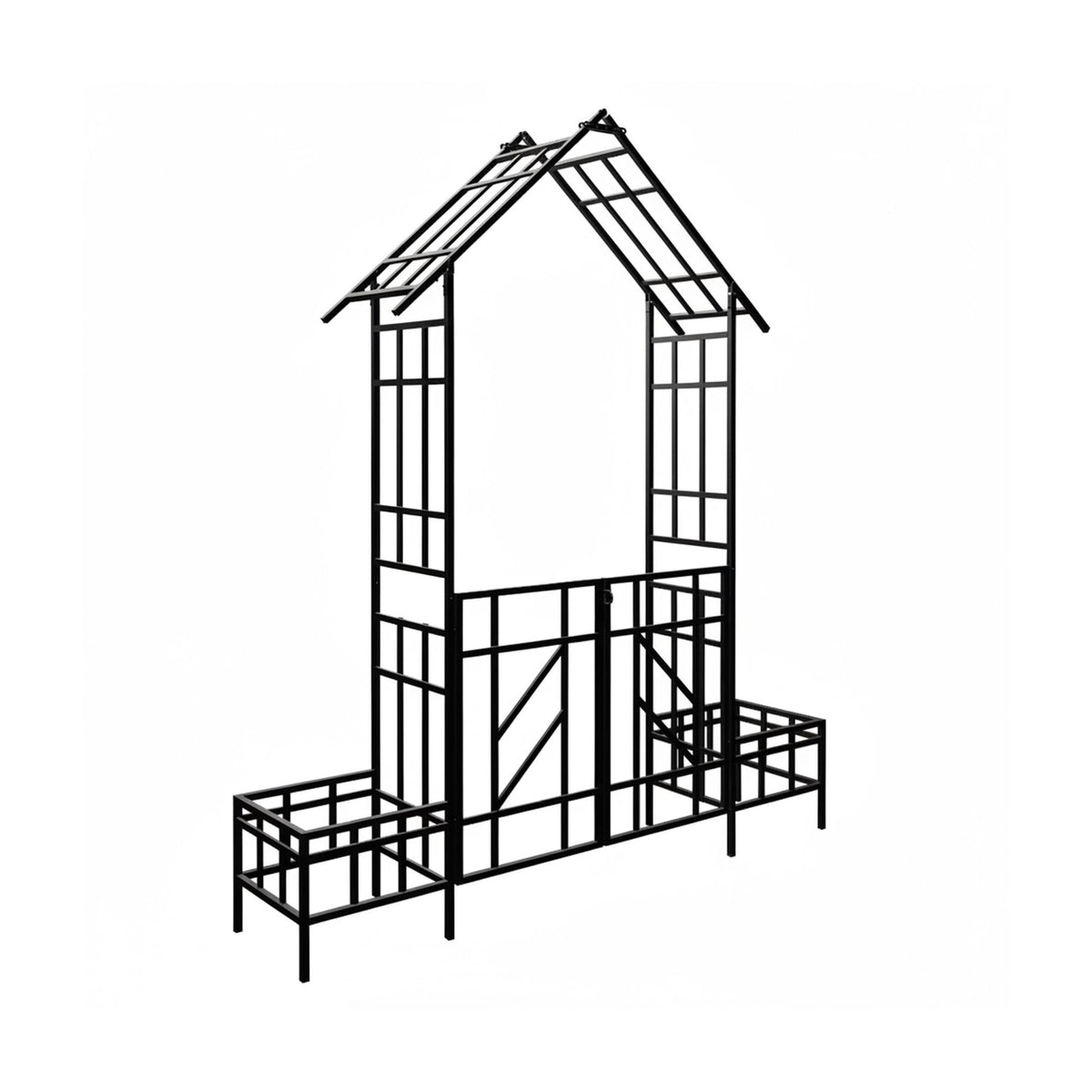 Garden Arch With Gate and Planters, House-Shaped