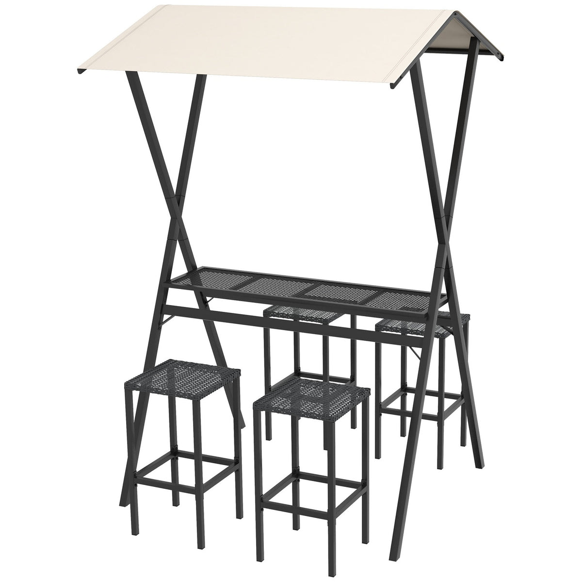 Garden Bar Set Rattan Bar Table With 4 Bar Stools, Bar Table With Roof, Seating Group, Footrest, Black, Steel, For Garden & Balcony