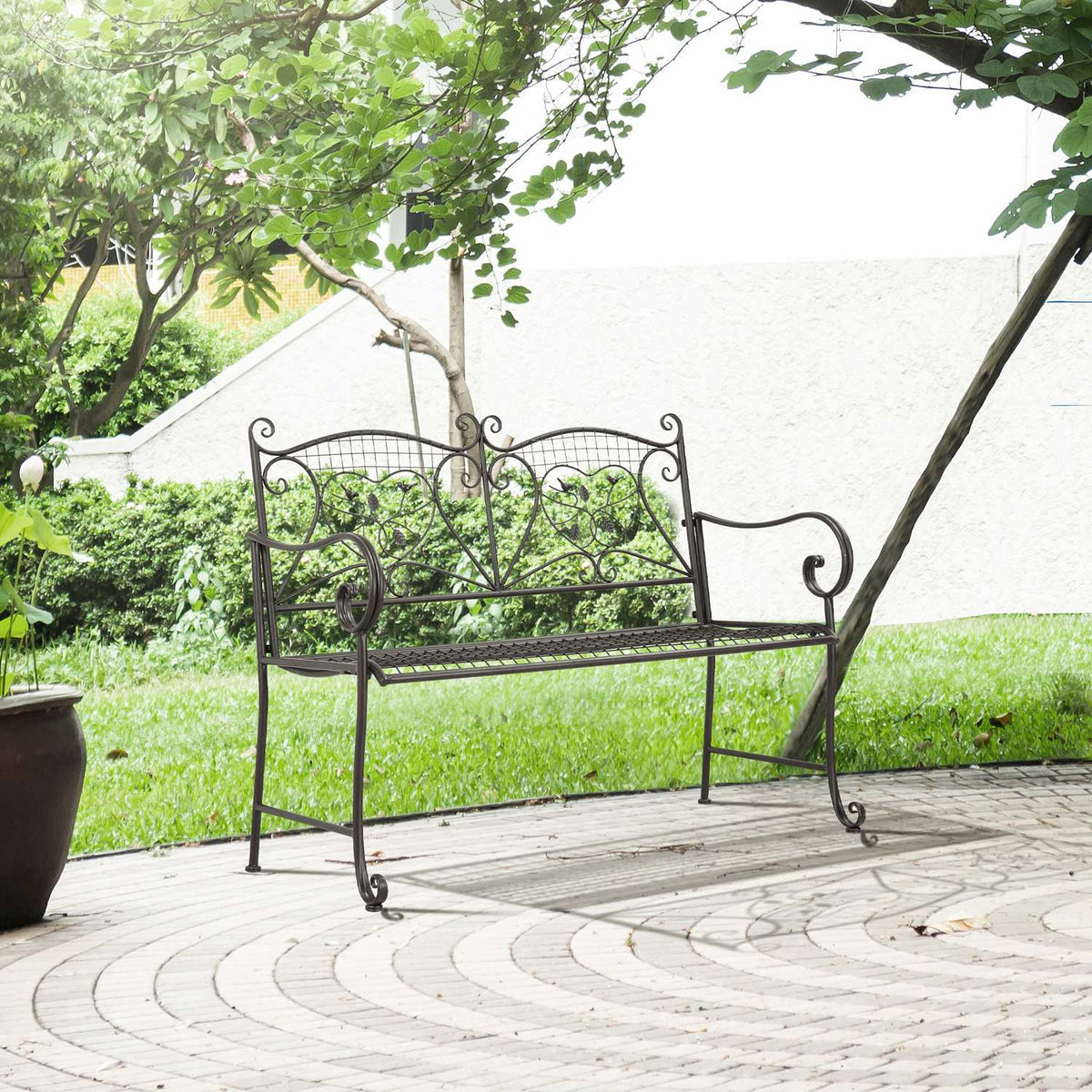 Garden Bench 2-Seater Backrest Park Bench Garden Weatherproof Antique Look Metal Coffee 114 X 53.3 X 91 Cm