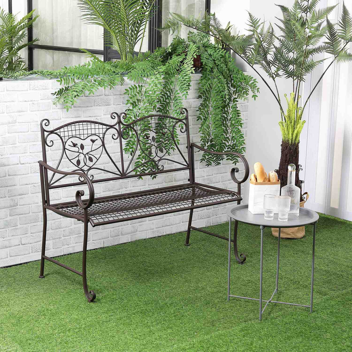 Garden Bench 2-Seater Backrest Park Bench Garden Weatherproof Antique Look Metal Coffee 114 X 53.3 X 91 Cm