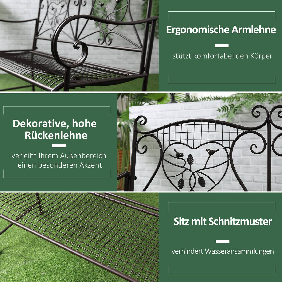Garden Bench 2-Seater Backrest Park Bench Garden Weatherproof Antique Look Metal Coffee 114 X 53.3 X 91 Cm