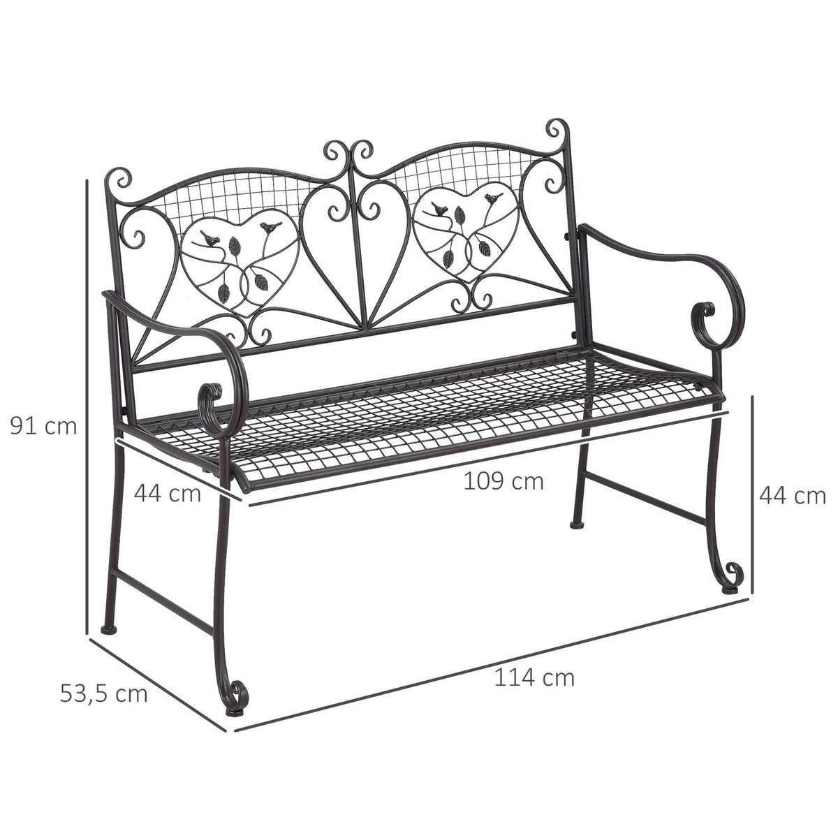 Garden Bench 2-Seater Backrest Park Bench Garden Weatherproof Antique Look Metal Coffee 114 X 53.3 X 91 Cm