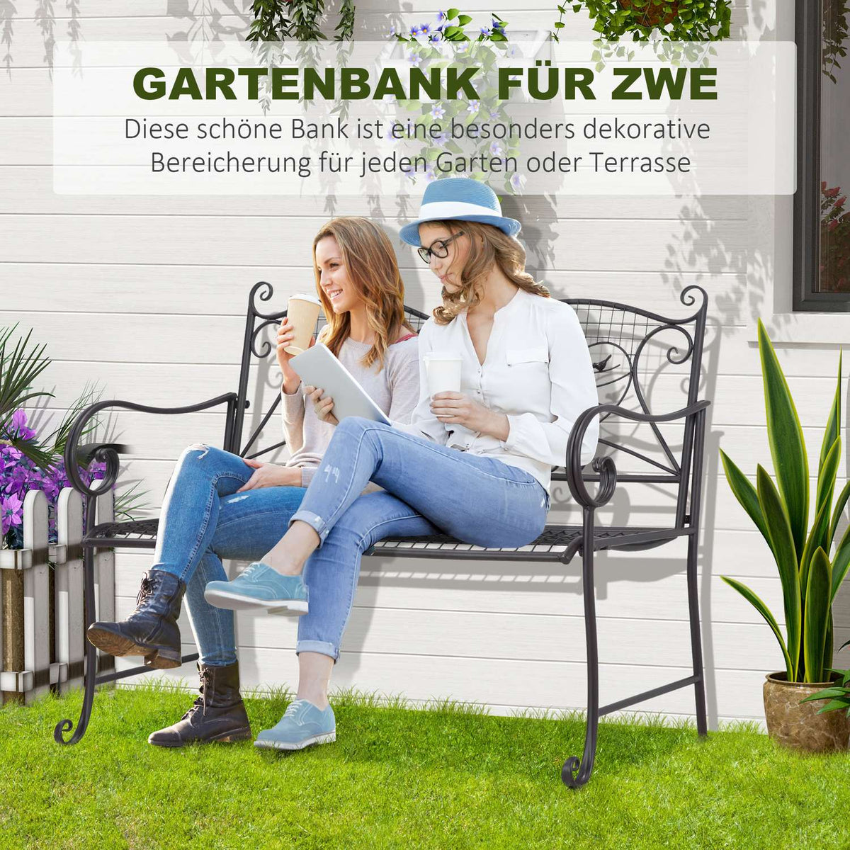 Garden Bench 2-Seater Backrest Park Bench Garden Weatherproof Antique Look Metal Coffee 114 X 53.3 X 91 Cm