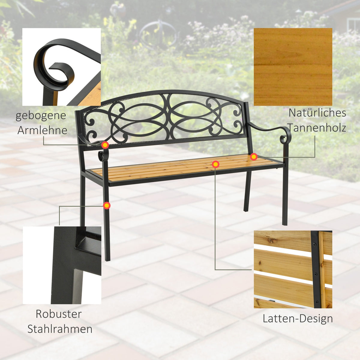 Garden Bench 2-Seater Bench Made Of Wood And Metal, Park Bench Up To 220 Kg, Patio Bench With Backrest, Solid Wood, 127X52X88Cm