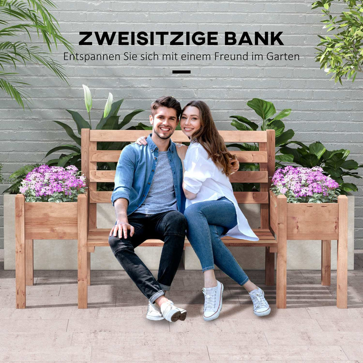 Garden Bench, 2-Seater Bench, Wooden Bench, Balcony Bench With Flower Box, For Garden, Terrace, Load Capacity Up To 240 Kg