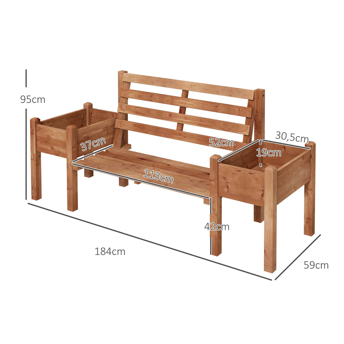 Garden Bench, 2-Seater Bench, Wooden Bench, Balcony Bench With Flower Box, For Garden, Terrace, Load Capacity Up To 240 Kg