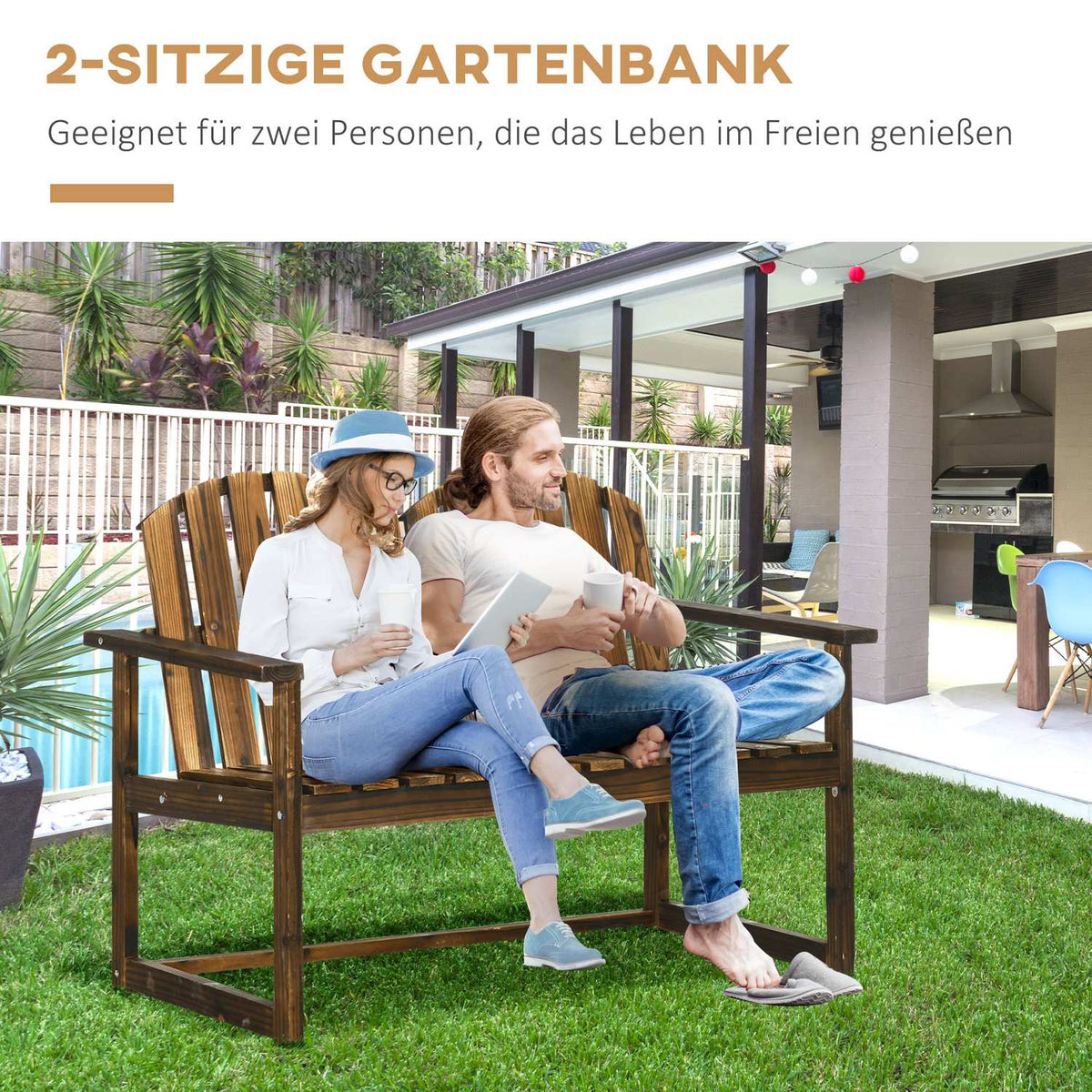 Garden Bench, 2-Seater Bench, Wooden Bench With Backrest, Armrest, Park Bench, Load Capacity Up To 240 Kg, For Garden, Balcony, Charred