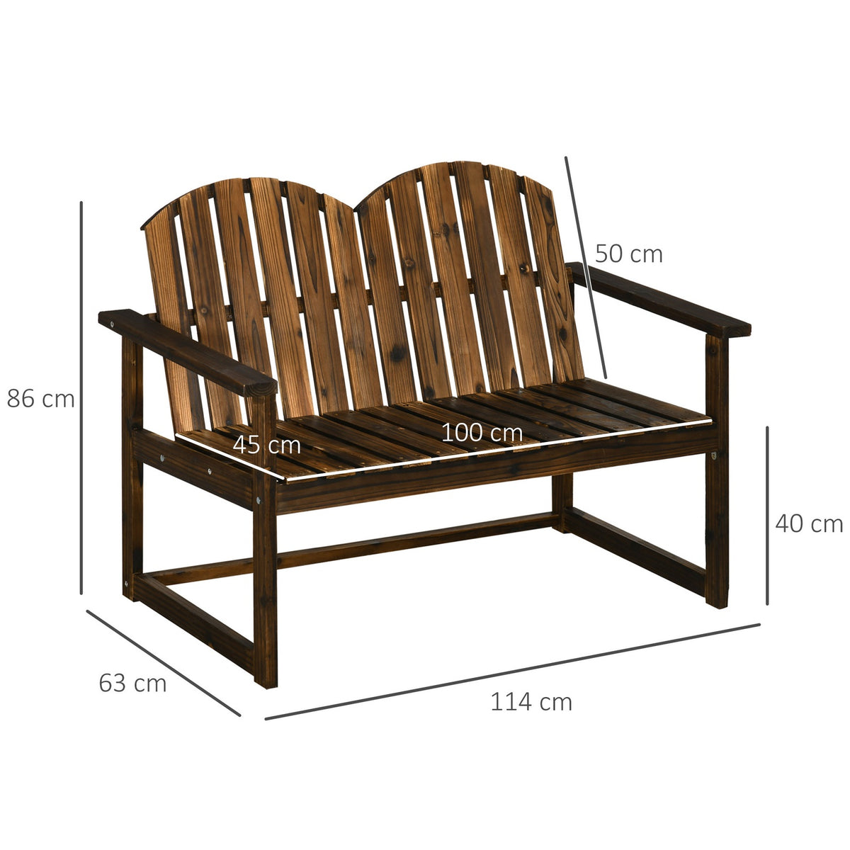 Garden Bench, 2-Seater Bench, Wooden Bench With Backrest, Armrest, Park Bench, Load Capacity Up To 240 Kg, For Garden, Balcony, Charred
