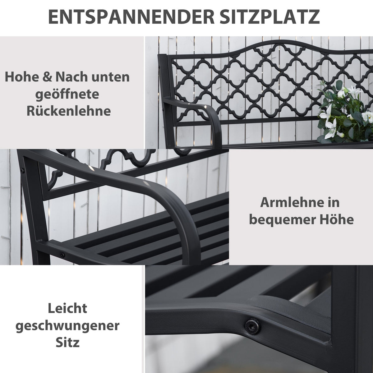Garden Bench 2-Seater Elegant Park Bench Made Of Metal, Up To 240 Kg, With Back & Armrests, Cast Iron, Black, 128X58.5X89 Cm
