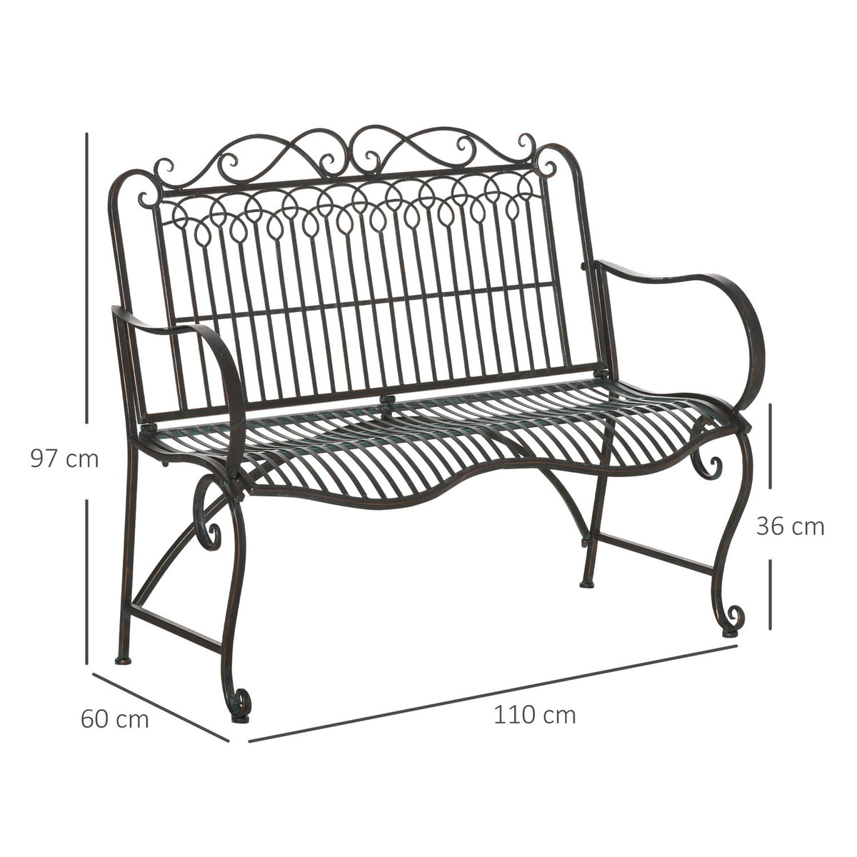 Garden Bench 2-Seater Park Bench Made Of Metal Bench Up To 200 Kg Bench Patio Bench With Back And Armrests Garden Furniture Metal 110 X 60 X 97 Cm