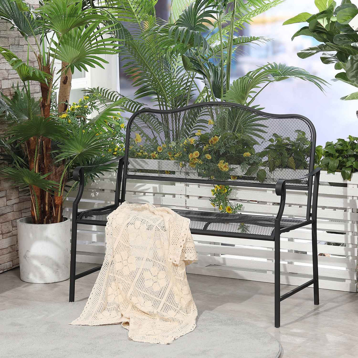 Garden Bench 2-Seater Park Bench Patio Bench Can Hold Up To 220 Kg With Backrests Metal Black 113 X 58 X 98 Cm