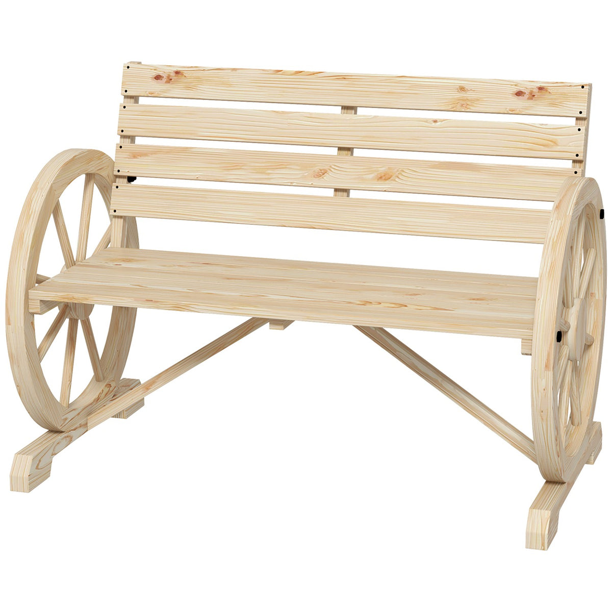 Garden Bench 2-Seater Wooden Bench Park Bench In Wagon Wheel Design, Bench With Armrest In Country House Style, Can Hold Up To 240 Kg, Natural Fir Wood