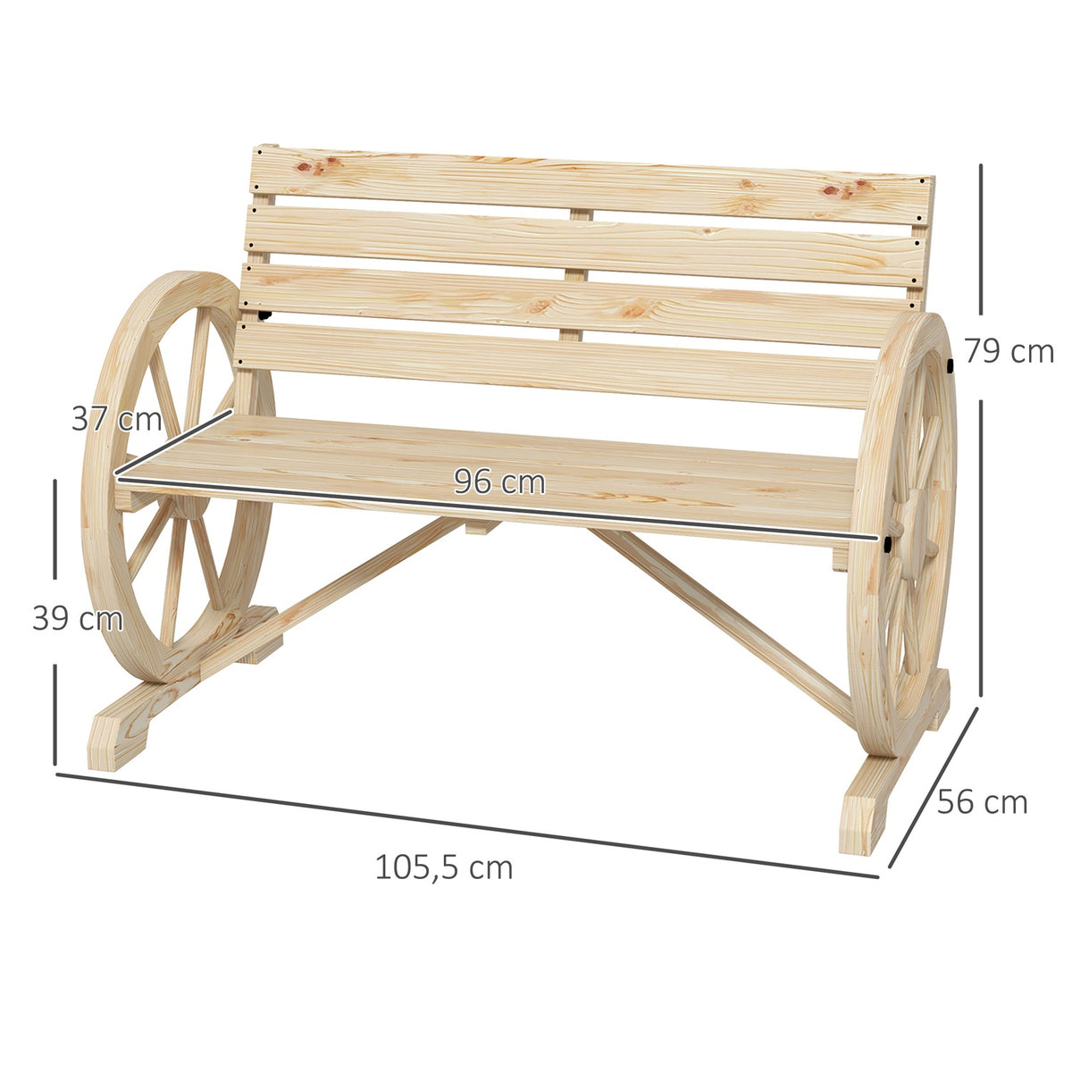 Garden Bench 2-Seater Wooden Bench Park Bench In Wagon Wheel Design, Bench With Armrest In Country House Style, Can Hold Up To 240 Kg, Natural Fir Wood