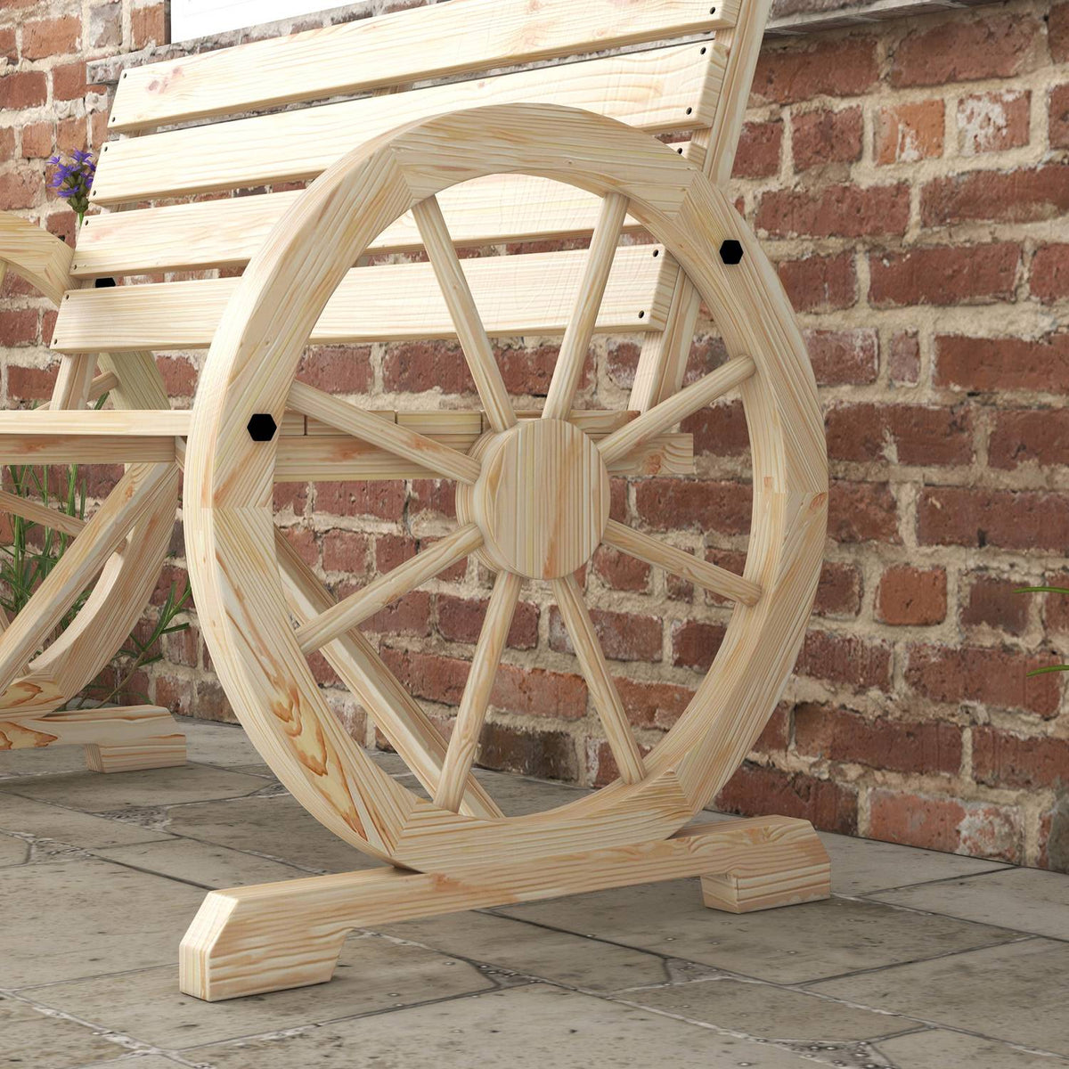 Garden Bench 2-Seater Wooden Bench Park Bench In Wagon Wheel Design, Bench With Armrest In Country House Style, Can Hold Up To 240 Kg, Natural Fir Wood