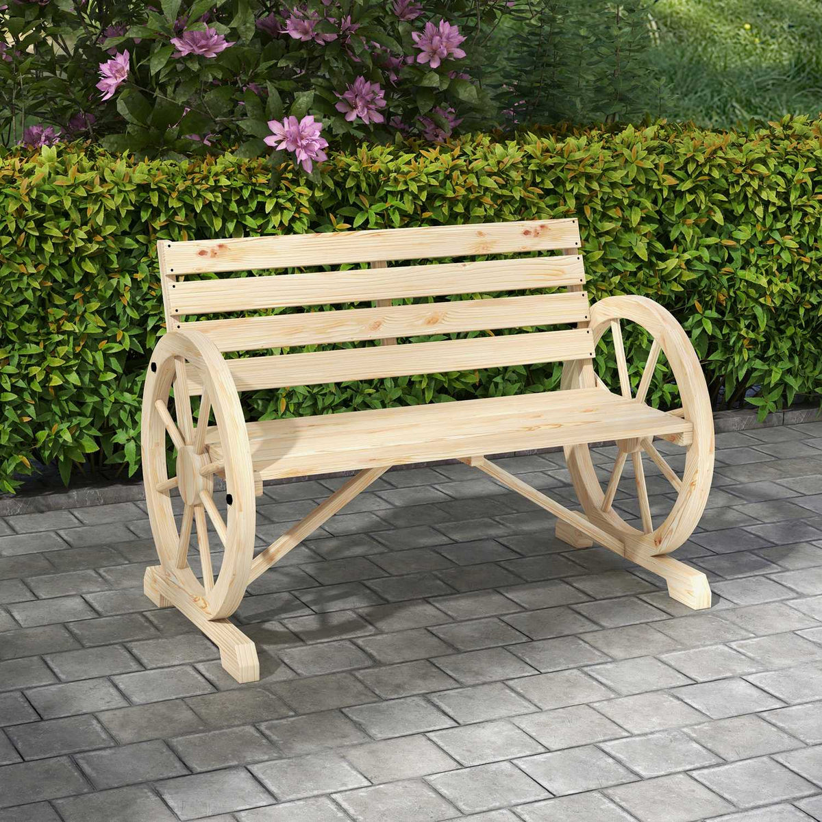 Garden Bench 2-Seater Wooden Bench Park Bench In Wagon Wheel Design, Bench With Armrest In Country House Style, Can Hold Up To 240 Kg, Natural Fir Wood
