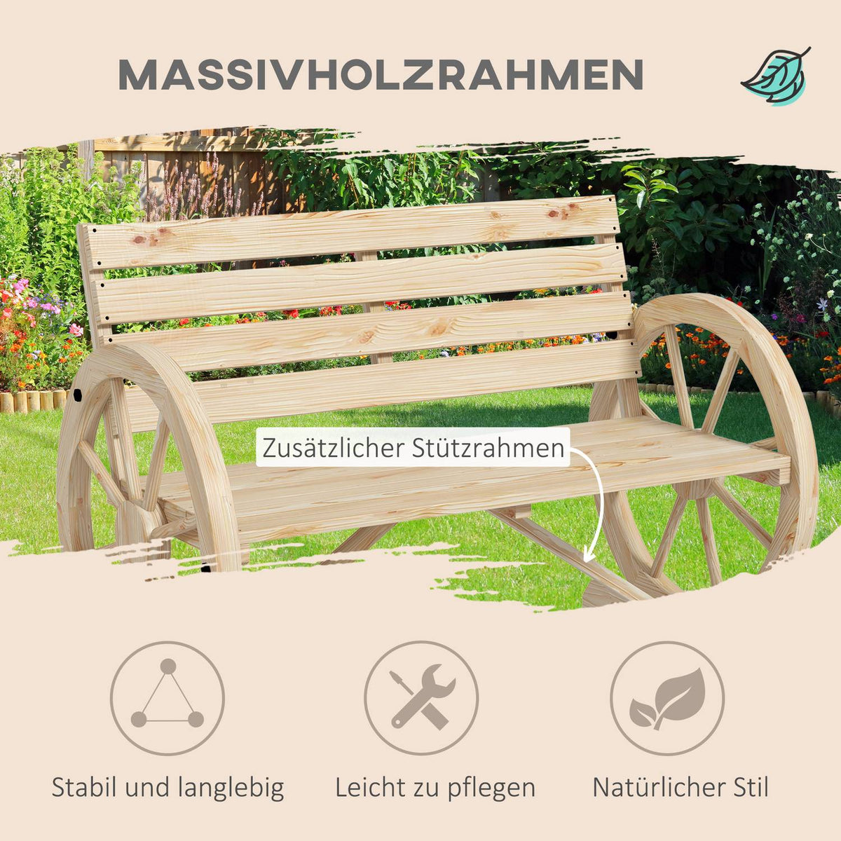 Garden Bench 2-Seater Wooden Bench Park Bench In Wagon Wheel Design, Bench With Armrest In Country House Style, Can Hold Up To 240 Kg, Natural Fir Wood