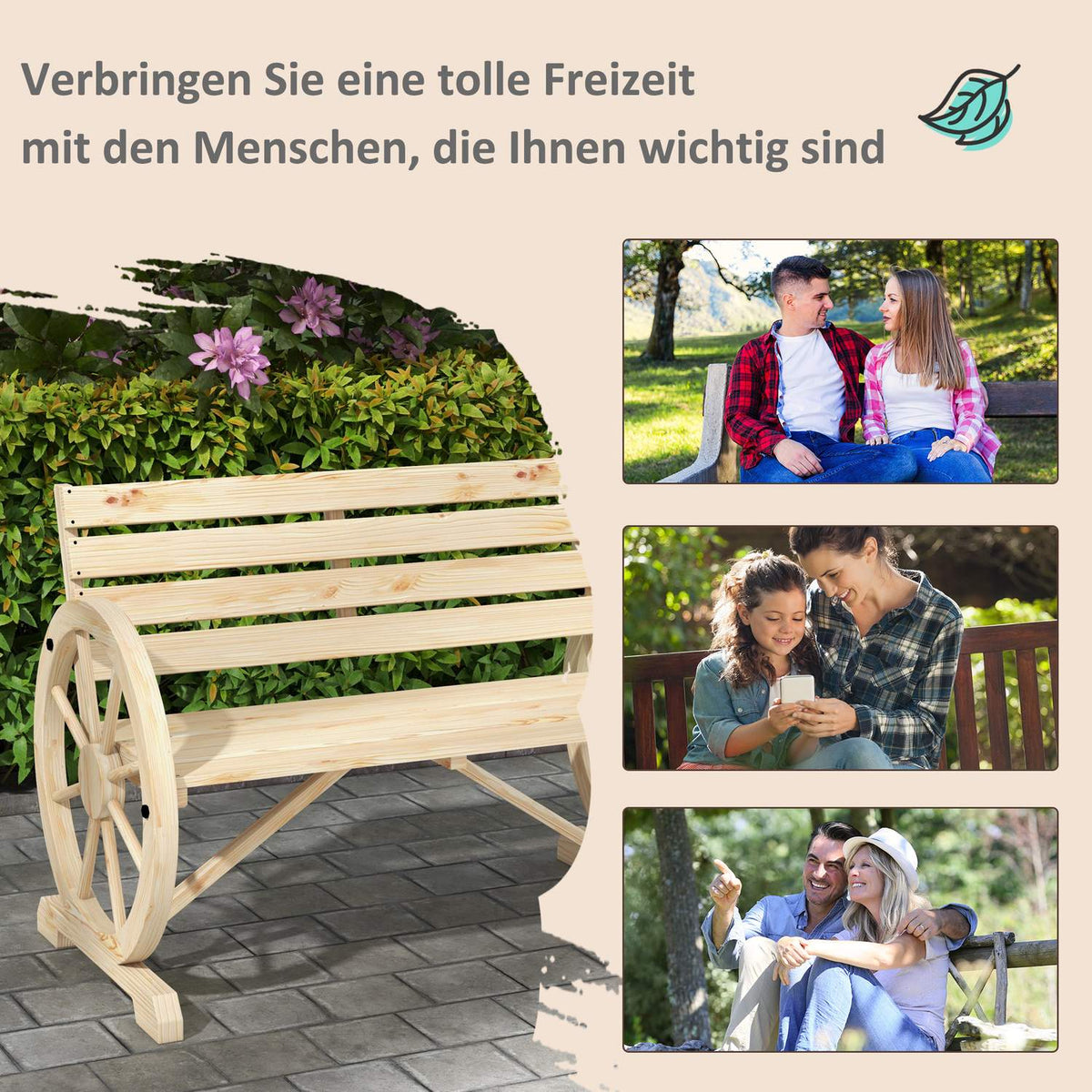 Garden Bench 2-Seater Wooden Bench Park Bench In Wagon Wheel Design, Bench With Armrest In Country House Style, Can Hold Up To 240 Kg, Natural Fir Wood