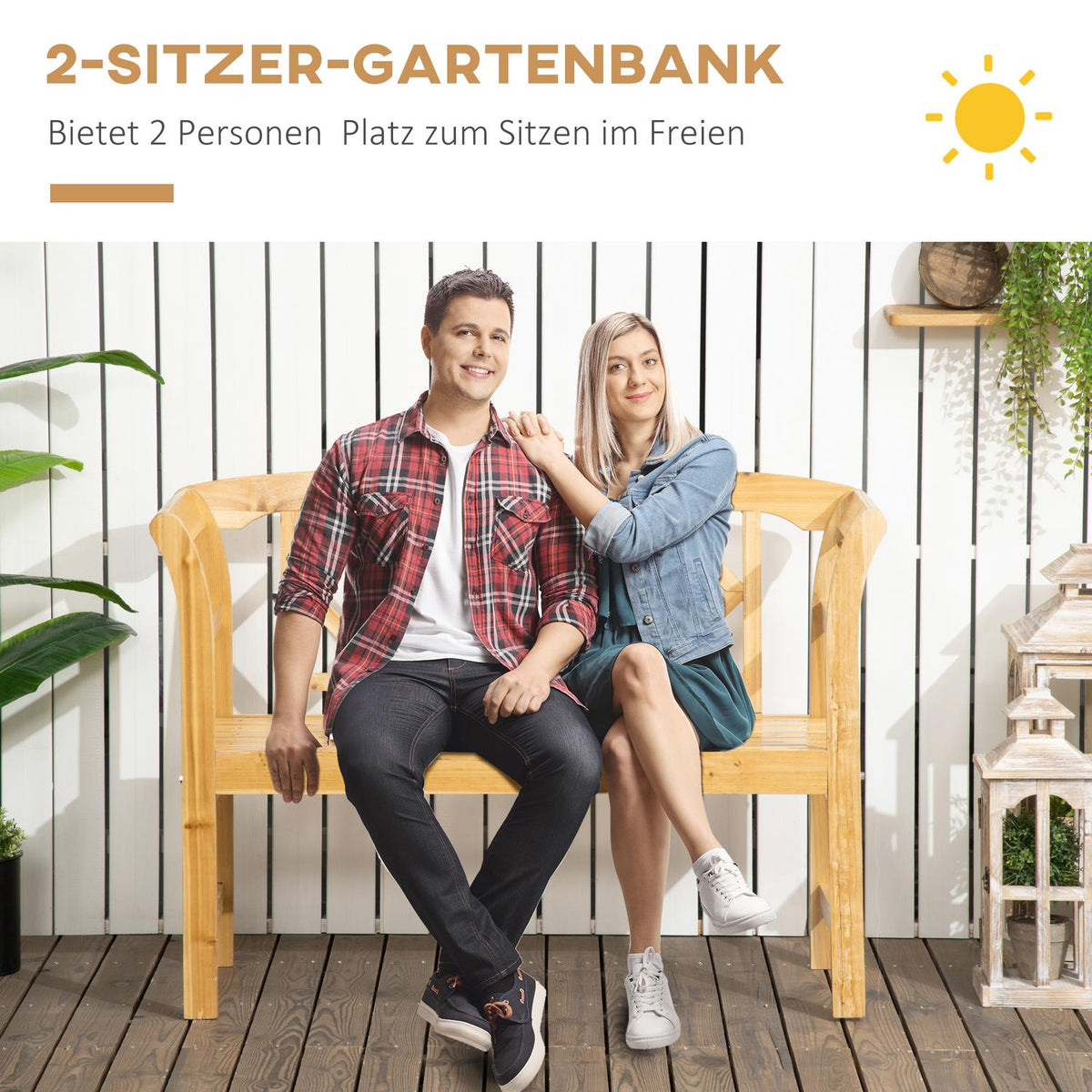 Garden Bench, 2-Seater Wooden Bench With Backrest, Weather-Resistant Park Bench In Country House Style, Patio Bench Max. 240 Kg, Natural, 116 X 53 X 83 Cm