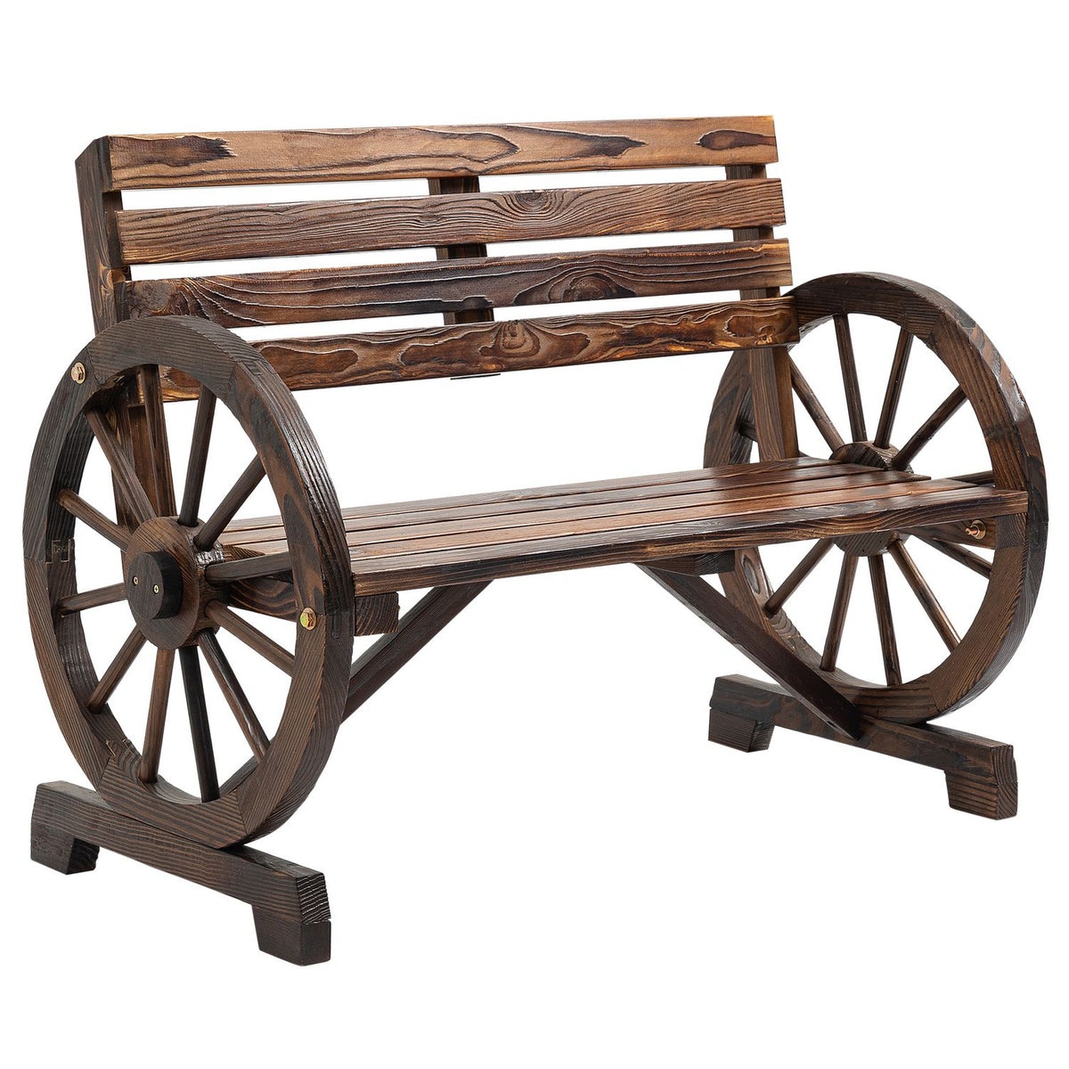 Garden Bench 2-Seater Wooden Bench With Wagon Wheel Armrests In Country House Style, Fir Wood, Brown, 105.5X56X79Cm