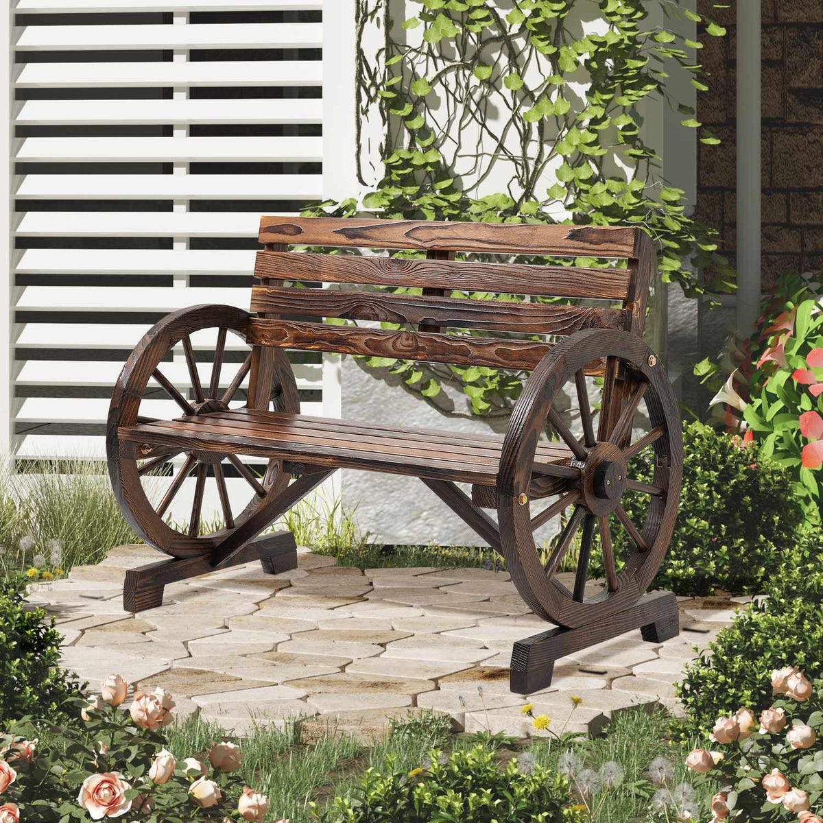 Garden Bench 2-Seater Wooden Bench With Wagon Wheel Armrests In Country House Style, Fir Wood, Brown, 105.5X56X79Cm
